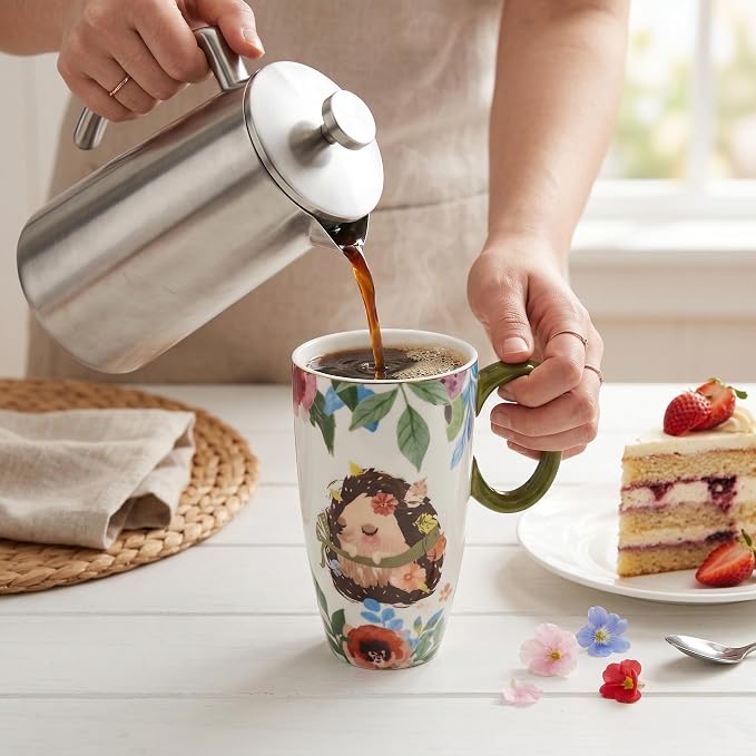 Ceramic Travel Mug with Lid - Tall Coffee Mugs with Handle, Porcelain Coffee & Tea Cup, Cute Hedgehog Design, Christmas Birthday Gifts for Women Man 20oz - Image 4