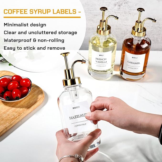 Coffee Bar Accessories, Coffee Syrup Dispenser - 4pack,16.9oz Syrup Dispenser with Labels,Syrup Pump Dispenser for Coffee Bar(Gold Pump)