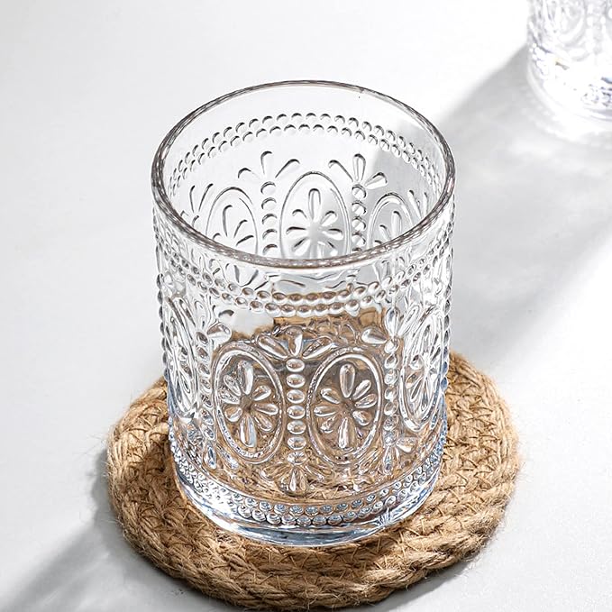 Bekith 6 Pack Drinking Glasses, 9.5 oz Romantic Water Glasses, Clear Embossed Glass Cups Vintage Glassware Set for Whisky, Juice, Beverages, Beer, Cocktail - Image 3