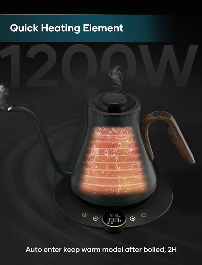 Gooseneck Electric Kettle with ±1℉ Temperature Control for Pour Over Coffee & Tea, Quick Heating, BPA-Free Stainless Steel, Built-in Brew Timer, 1500W/0.9L (Forest Green)