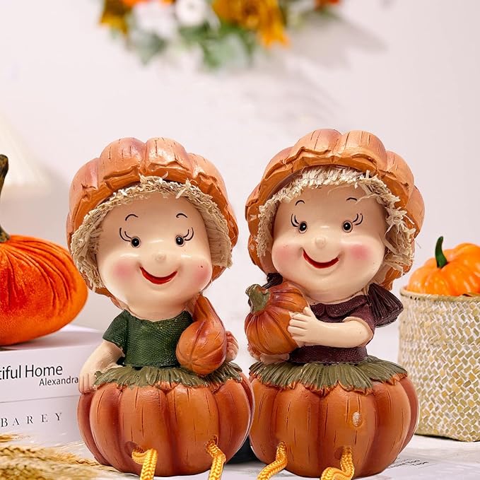 KiaoTime Fall Thanksgiving Scarecrow Pumpkin Shelf Sitters with Dangling Legs Decoration, Set of 2 Fruit Harvest Sculpture for Window Sill Kitchen Tabletop Autumn Home Decoration - Image 2