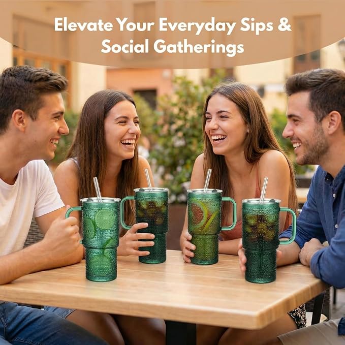 20 oz Green Glass Tumbler with Lid and Straw, Glass Iced Coffee Cups, Spill-proof Glasses Tumbler with Handle, Glasses Drinking Set of 4, Vintage Glassware for Cocktail, Smoothies - Image 7