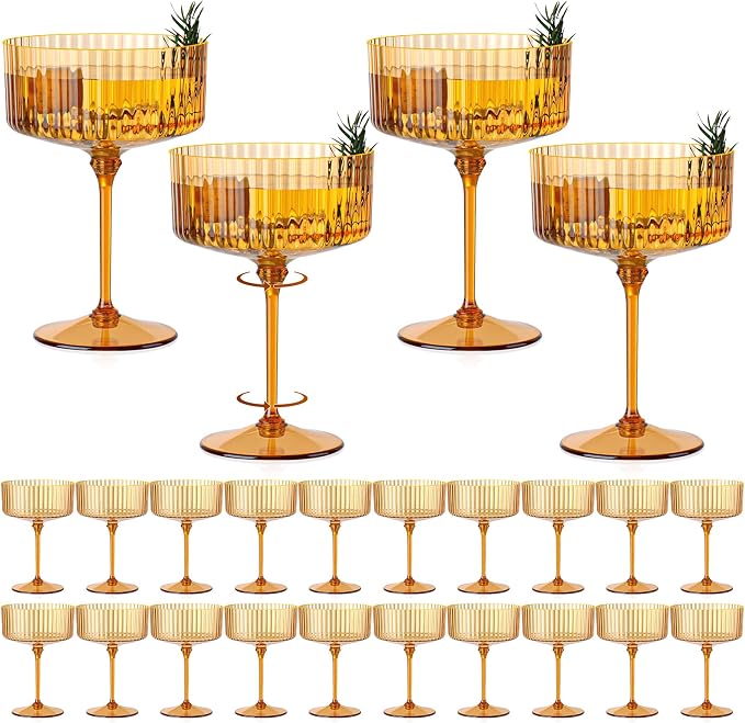 24 PCS Ribbed Coupe Glasses Amber Plastic Champagne Coupe Cup 10oz Detachable Gold Rim Espresso Martini Glass Vintage Margarita Glassware Cocktail Glass Disposable for Thanksgiving Wedding by Unknown