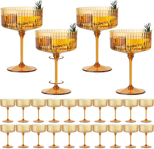 24 PCS Ribbed Coupe Glasses Amber Plastic Champagne Coupe Cup 10oz Detachable Gold Rim Espresso Martini Glass Vintage Margarita Glassware Cocktail Glass Disposable for Thanksgiving Wedding by Unknown