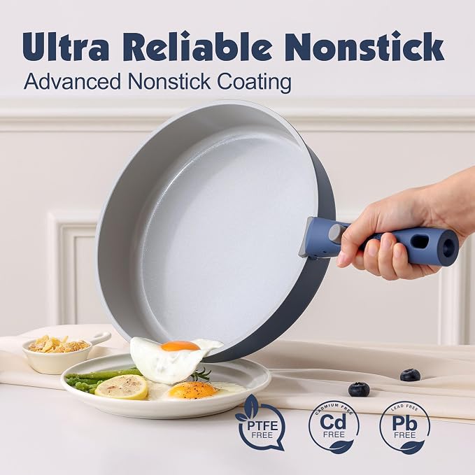 SENSARTE 17 Piece Ceramic Detachable Handle Pots and Pans Set Navy | Ceramic Cookware Set, Induction Cookware Set with Removable Handle, Healthy Non Stick for RV, Dishwasher ＆ Oven Safe - Image 4
