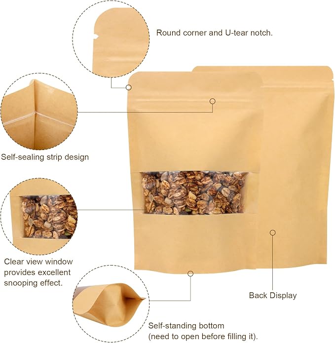 50 Pack Kraft Paper Resealable Bags with Clear Window (4 X 6 Inches) | Heat Sealable Stand Up Pouch Bags with Tear Notches for Small Business, Spices, Granola Storage - Image 3