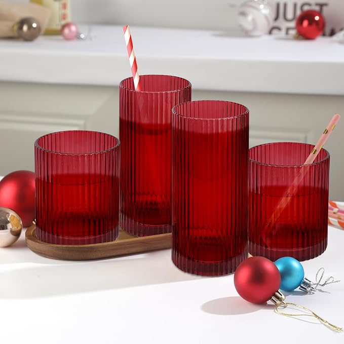 Ribbed Drinking Glasses 8pcs, 12oz and 10oz Glassware, Tumbler Glasses Cup Set for Wedding, Party, Christmas Gift, Red - Image 2
