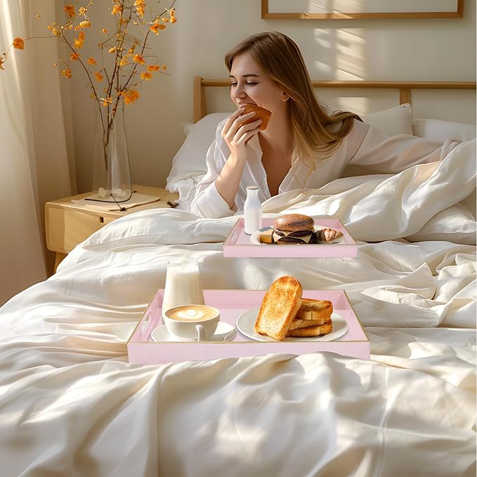 MAONAME Pink Serving Tray with Handles, Plastic Decorative Tray Set of 2 | Pink Decorative Tray for Coffee Table, Modern Ottoman Tray, Rectangle Melamine Tray for Living Room, 15.8"L x 10.2"W x 1.4"H - Image 6