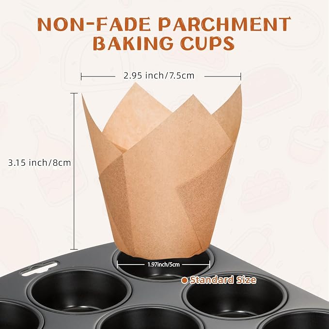 200pcs Natural Tulip Cupcake Liners, Premium Muffin Liners Holders for Baking Cups, Greaseproof Cupcake Wrappers in Standard Size, Classic Parchment Paper Cupcakes Liner by JIRNGLA - Image 2