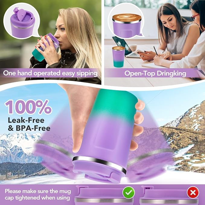 Volhoply 12 oz Double Wall Insulated Vacuum Travel Coffee Mug with Flip Lid,Reusable Stainless Steel Leak Proof Coffee Cup,Portable Iced Cafe Thermal Tumbler for Hot & Cold Drinks(Purple Green,1 Set) - Image 6
