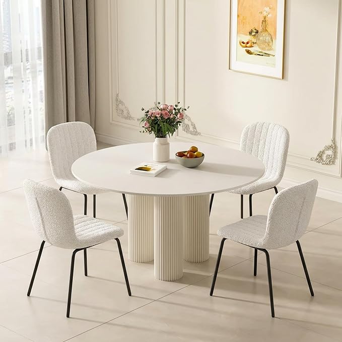 Dining Chair Set of 4, Boucle Kitchen Chairs for Small Spaces, White | Black Metal Legs, Curved Backrest, Fabric Upholstered, Modern Comfort for Dining Room, Space-saving, Restaurant & Cafe by SQPFTW