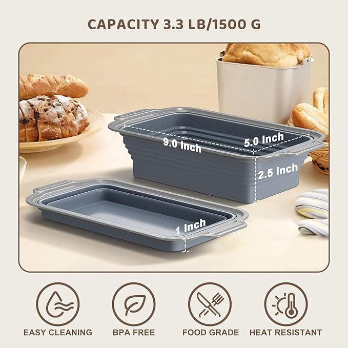 2 Pack Silicone Bread Loaf Pan With Metal Reinforced Frame, Non-Stick Baking Pans, Foldable Mold for Homemade Bread (9"x5"x2.5", Grey, 2 Pieces)