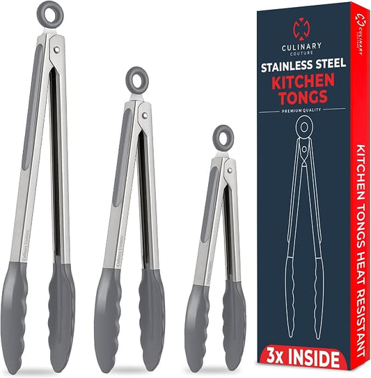 Kitchen Tongs - 12, 9 & 7 Inch Locking Silicone Tongs for Cooking, Set of 3 | Grey Tongs with Silicone Tips, Heat Resistant Tongs for Grilling, Serving, Mixing by CulinaryCouture