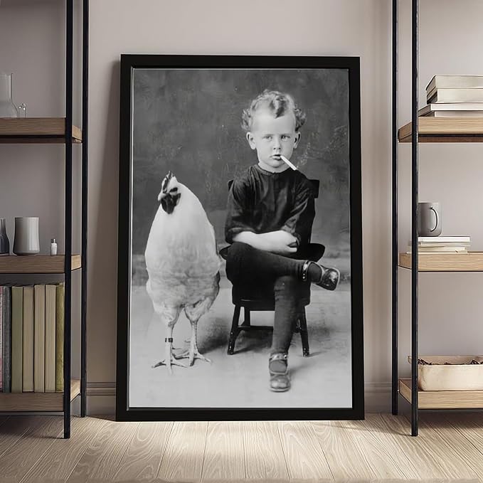 UXCBIA Smoking Boy And Chicken, Black And White, Vintage Oddities Poster Canvas Poster Bedroom Decor Sports Landscape Office Room Decor Gift Black Frame 08x12in(20x30cm) - Image 4