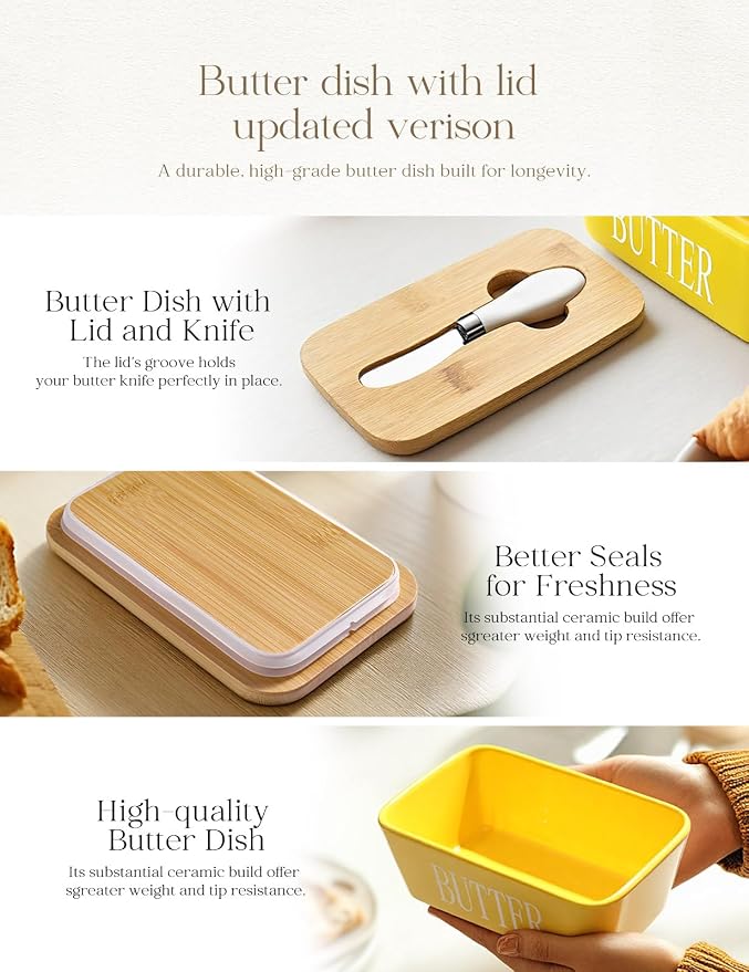Ceramic Butter Dish with Lid and Knife Silicone Seal for Countertop Yellow | Suitable Capacity, Great Sealing, Home Decor Kitchen Gift Housewarming Gift - Image 4