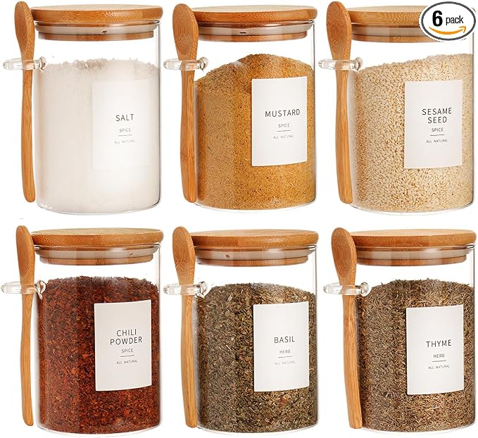HHMJSM 6 Pcs Glass Jar with Bamboo Lid and Spoon - 17 oz Large Sugar Container with 148 Kitchen Pantry Spice Jar Labels Preprinted - Glass Containers with Wooden Lids Hold Coffee, Tea, Candy by HHMJSM