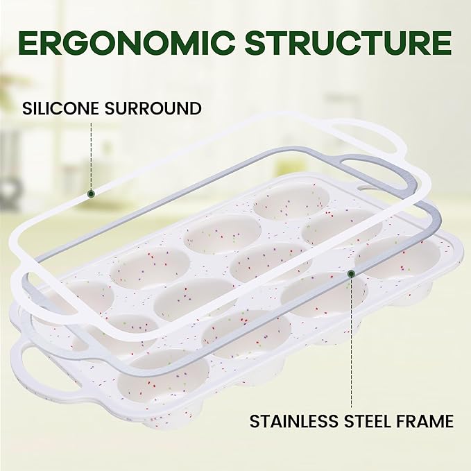 Silicone Muffin Pan with Metal Reinforced Frame - Non-Stick 12 Cups Muffin Pan for Homemade Making Muffin Cakes, Tart, Bread, Oven and Dishwasher Safe - Cream with Rainbow Dots Set of 2