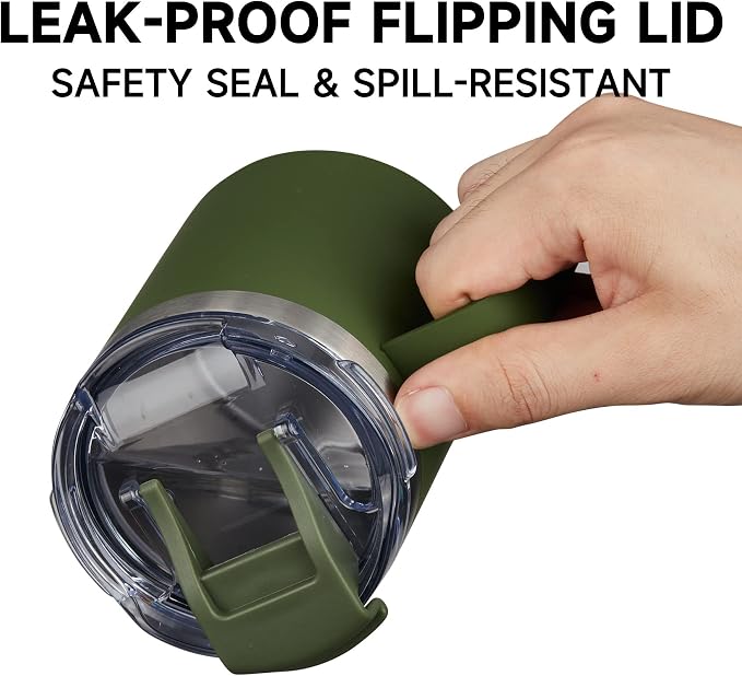 12oz Insulated Travel Coffee Mug with Handle, Army Green | Stainless Steel Coffee Tumbler with Lid, Double Wall Vacuum Thermal Cup for Camping - Image 2