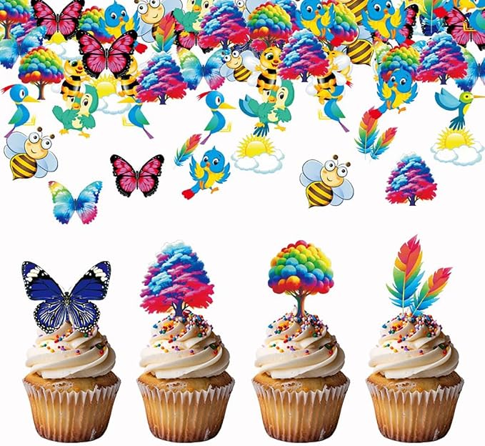 Edible Feather Butterfly Bird Bee Tree Sun Cloud Cupcake Toppers 62pcs Colorful Wafer Paper Cake Decorations for Kids Birthday, Baby Shower, Spring Party Celebration (Feather Butterfly Set) by KSINWCOI