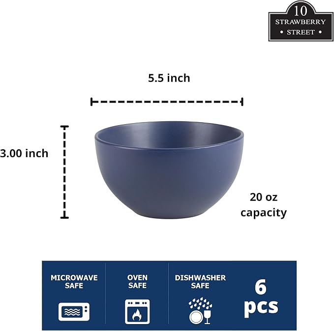 10 Strawberry Street Wazee Matte 5.5"/16oz Cereal Bowl, Set of 6, Midnight Blue - Image 2