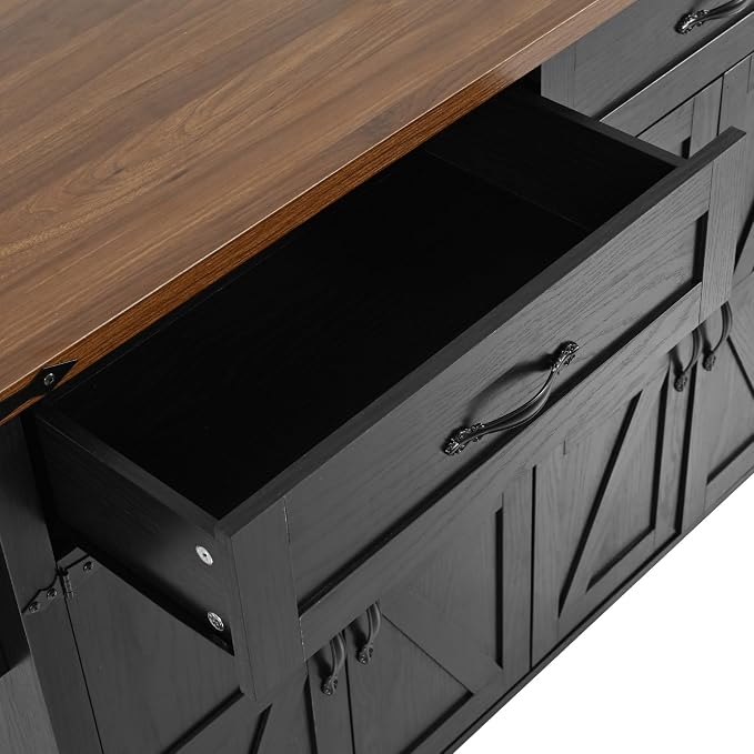 Farmhouse Rolling Kitchen Island with Power Outlet, Drop Leaf Breakfast Bar, Wooden Mobile Storage Island Cart on Wheels with Drawers, Spice Rack for Kitchen Dining Room (Black) - Image 9