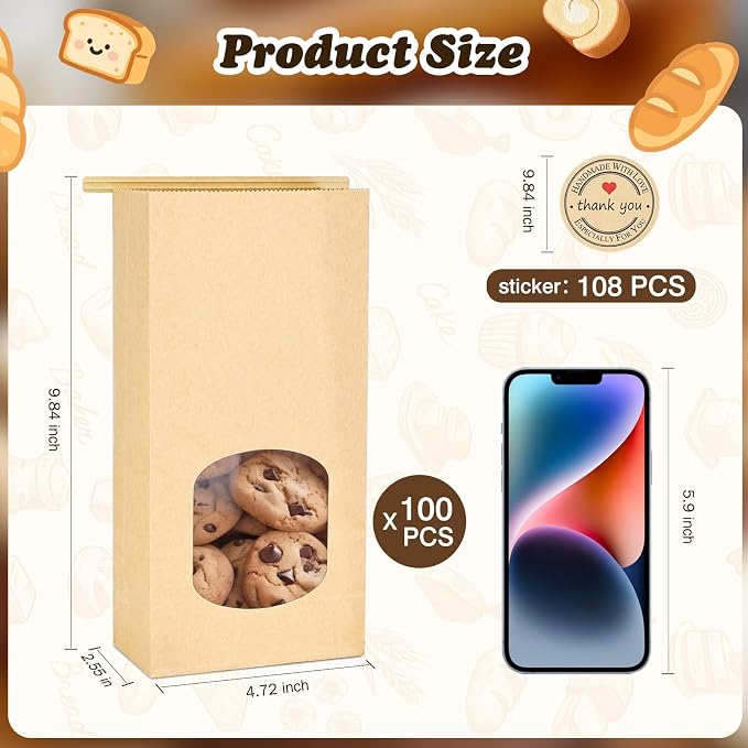 100Pcs Cookie Bags Bakery Bags with Window，Brown Kraft Paper Bags with Tin Tie Tab Lock，108 Labels Treat Bags for Homemade Cookies, Pastries, Coffee Bean, Goodies(9.8"x4.7"x2.6") - Image 6