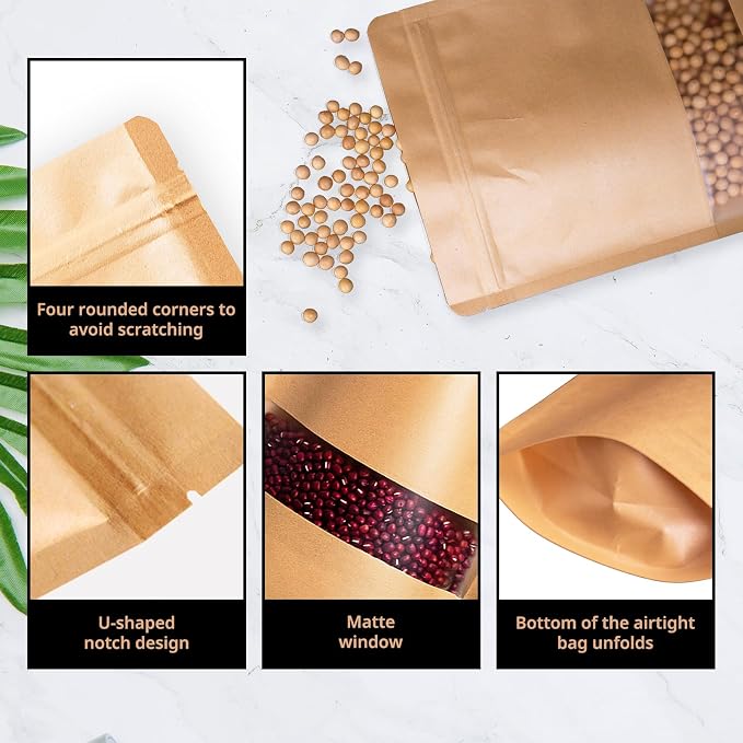 80PCS 7"X10" Kraft Paper Bags with Window,Resealable Small Stand Up Pouches for Food Storage,Reusable Zipper Lock Packaging Bags for Small Business&Personal,Candy,Cookie,Snacks,Tea,Coffee - Image 3