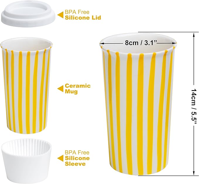 Ceramic Travel Mug with Lid (12 oz) – Cute Coffee Cup for Women & Men, Bright Aesthetic Travel Mug, Microwave & Dishwasher Safe, Fits Car Cup Holder (Yellow) - Image 2