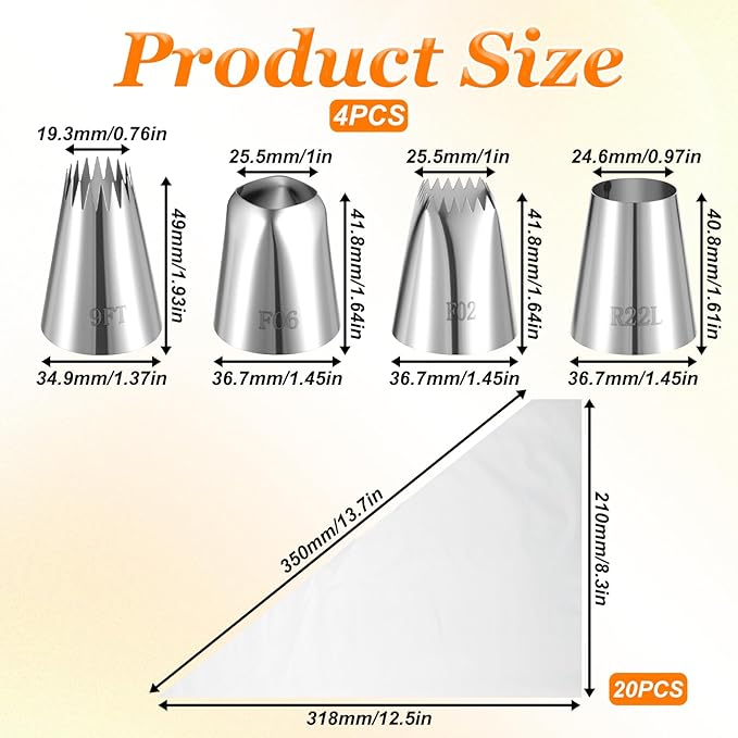 4PCS Extra Large Piping Tips Set, Stainless Steel Round Piping Tip, Frosting Icing Tips, Large Star Square Wide Jumbo Pipings Tip for Cupcakes Cakes Cookies