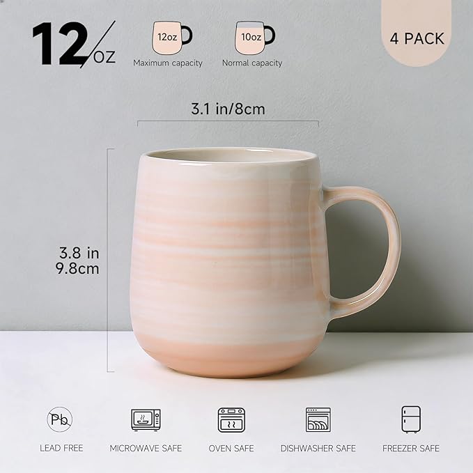 Coffee Mugs Set of 4, 12oz Stoneware Coffee Cups with Handle, Light Orange | Hand-Painted Ceramic Mugs Set for Women and Men, Dishwasher & Microwave Safe, Suitable for Hot Coffee, Tea, Cocoa, Milk - Image 3