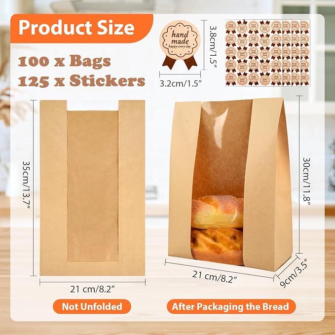 100 Pcs Bread Bags for Homemade, ROOKEA Sourdough Bread Bags with Window for Baked Paper Packaging with Sealing Stickers Bakery Cookie Food Snack Storage Large Kraft Paper 13.7x8.2x3.5 inch - Image 2