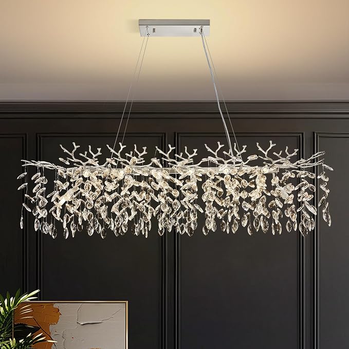 Chrome Rectangular Chandelier Modern Crystal Tree Branch Chandelier | 14 Lights Luxury Raindrop Chandeliers 47.3" Hanging Pendant Light Fixtures for Dining Room Kitchen Island Living Room by KJLARS