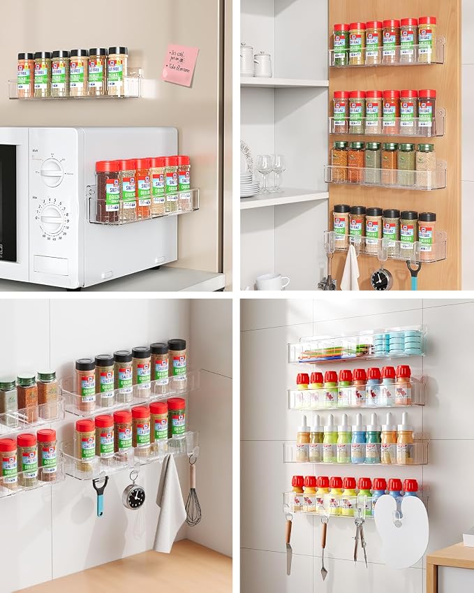 Nieifi Spice Rack Wall Mount, 4 Pack Clear, 2" Depth, Screw/Adhesive | Wall-Mounted with Removable Hooks Saves Counter Space, Fits 2" Deep Jars, Ideal for Kitchen Cabinets, Pantry Doors, and RVs. - Image 6