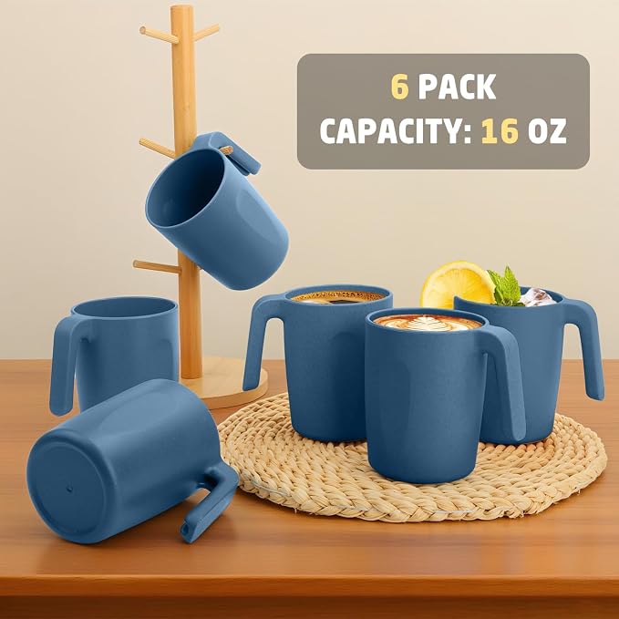 Wheat Straw Coffee Mugs 16 oz, Drinking Cups Set of 6, Plastic Mugs With Handle Unbreakable Coffee Cups, Microwave and Dishwasher Safe Tea Cups for Kitchen, Camping, RV - Blue - Image 7