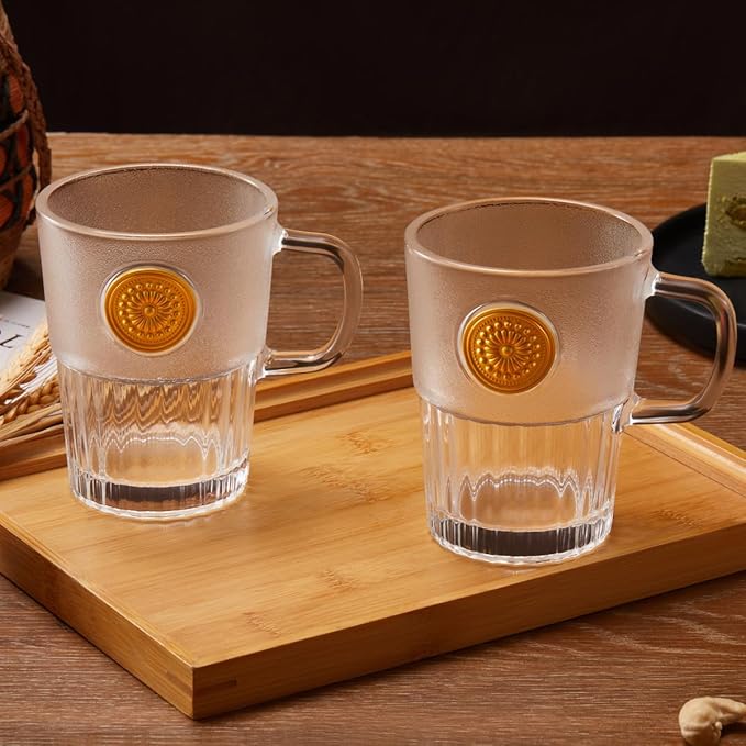 Vintage Glass Coffee Mugs Set of 2, 15oz Embossed Glass Coffee Cups with Bamboo Lids and Spoons, Handmade Tea Cups with Handle and Gift Box - for Cappuccino, Latte, Milk