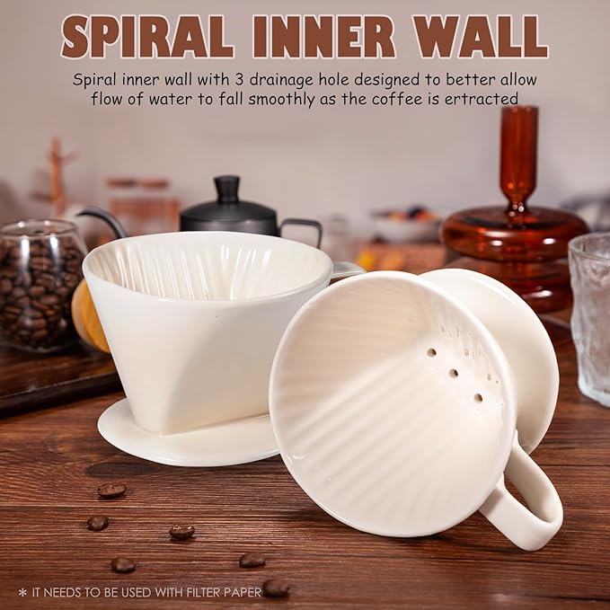 Pour Over Coffee Dripper, Ceramic Pour Over Coffee Maker with 3 Holes Flat Bottom, Easy Manual Brew Maker, Porcelain Slow Filter Cone for Travel, Camping, Office, Home, WH