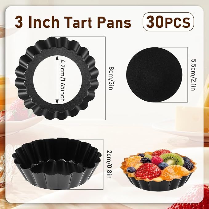 30 Pcs Mini Tart Pans with Removable Bottom,3 Inch Egg Tart Molds | Nonstick Quiche Pie Pan,Small Black Round Bakeware Mold Fluted Side for Pies,Mousse Cake - Image 2