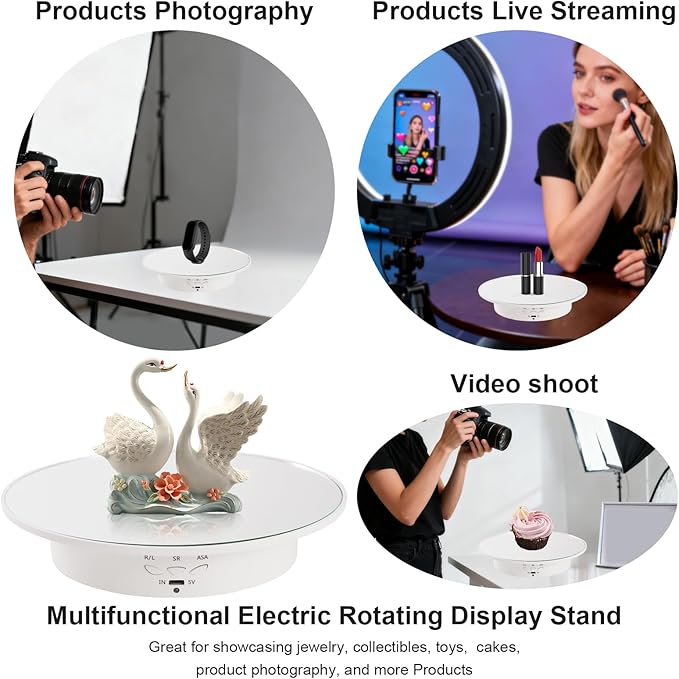 7.87'' Rotating Display Stand Motorized Rotating Display Stand, 22 lbs Load Electric Platform with Remote, Electronic Turntable with USB for Jewelry Photography 3D Model Cake, White