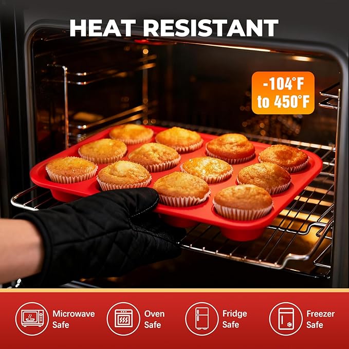 Silicone Cupcake Pan with Christmas Topper: 12 Cup Muffin Pan with Metal Reinforced Frame, Regular Size Cupcake Tray for Baking, BPA Free Silicone Muffin Tray, Dishwasher Safe (1 Pack, Red)