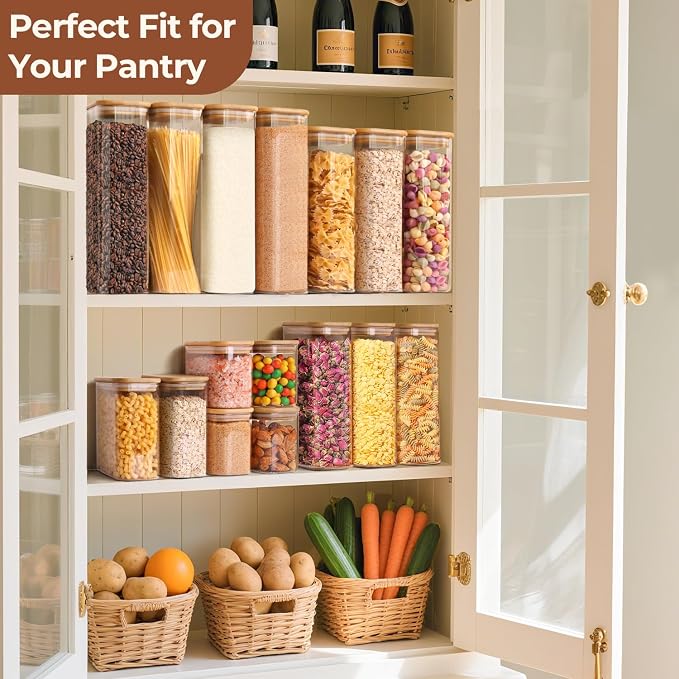 ComSaf Glass Storage Containers With Lids 1.8 Qt, 3 Pack Pantry Organizers | Glass Jars With Bamboo Lids, Rectangle Pantry Jar, Kitchen Canisters, Dry Food Storage Cereal, Flour, Sugar, 54oz, BPA Free - Image 5