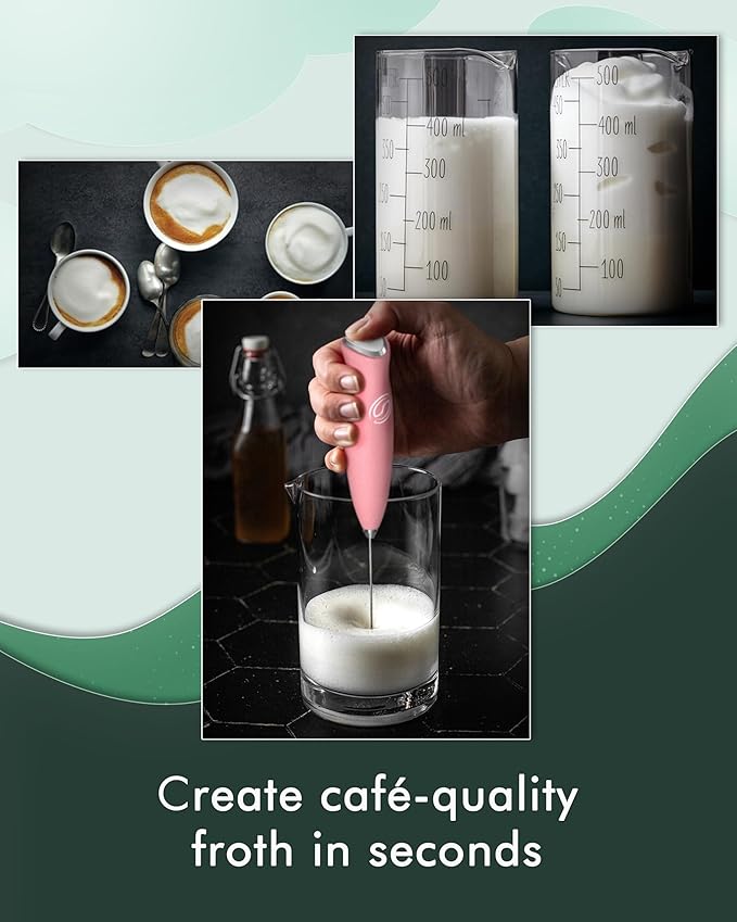 Milk Frother With Stand Handheld Frother Wand Drink Mixer Handheld Coffee Stirrers Electric Frother for Coffee Mixer Wand with 2 Whisk frother for protein powder-Pink