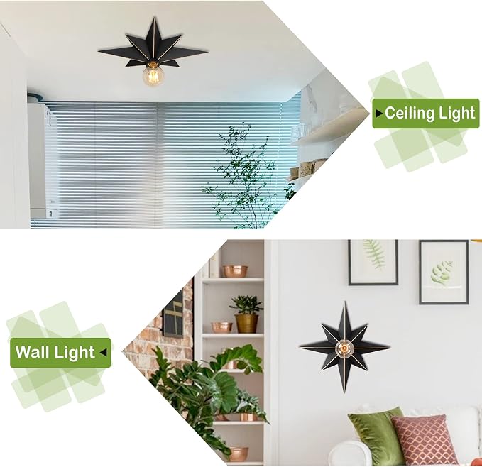 16 inch Flush Mount Ceiling Light, Industrial Black Metal Star Ceiling Lights, Vintage Entryway Light Fixtures, Farmhouse Star Lighting for Hallway, Porch, Study, Bedroom, Stair, Kitchen, Bathroom - Image 4