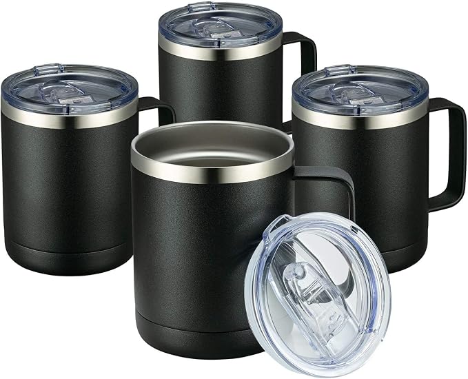 MEWAY 12oz Coffee Mug With Handle 4 Pack Bulk,Stainless Steel Insulated Travel Tumblers With Sliding Lid,Double Wall Vacuum Camping Cup for Hot & Cold Drinks Tea (Black,Set of 4) by MEWAY