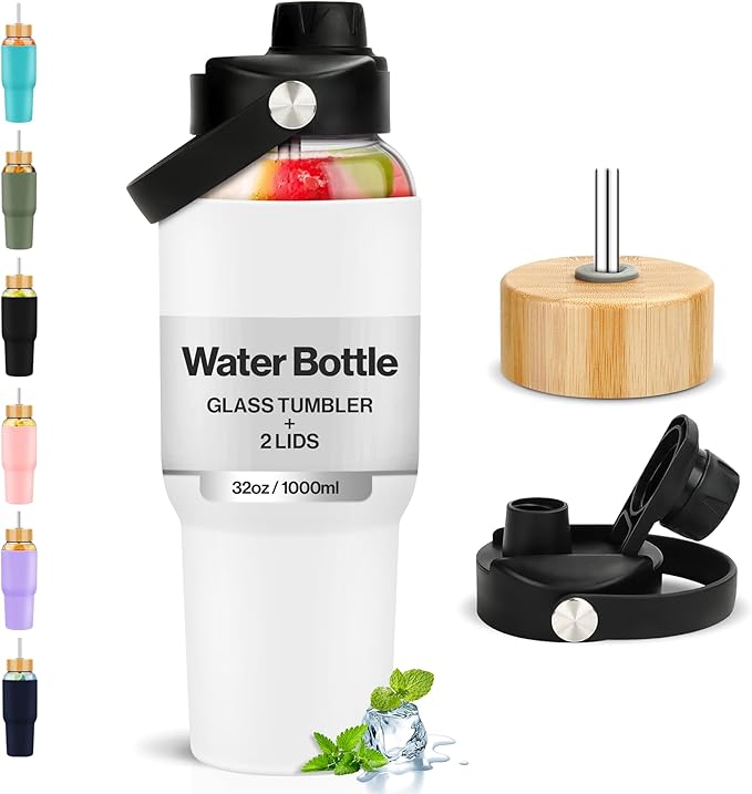 PROBTTL Glass Water Bottles 32 oz, 1 Liter Glass Tumbler, Borosilicate Water Bottle with Straw, Silicone Sleeve, 2 Lids - Handle Spout & Bamboo Straw Lid, Fits Car Cup Holder