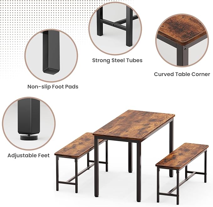 Dining Table Set for 4, Kitchen Table with 2 Benchs, Brown | Modern Functional 3 Piece Space-Saving Dining Room Table Set for Apartment, Breakfast Nook, Small Space - Image 5