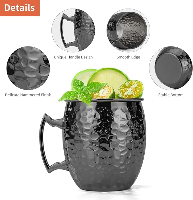 Amrules Moscow Mule Mugs, 16 OZ Black Hammered Mule Cup with 304 Stainless Steel Lining and Brass Handle, for Cold Drinks, Beer, Wine, Bars, Parties - Image 4