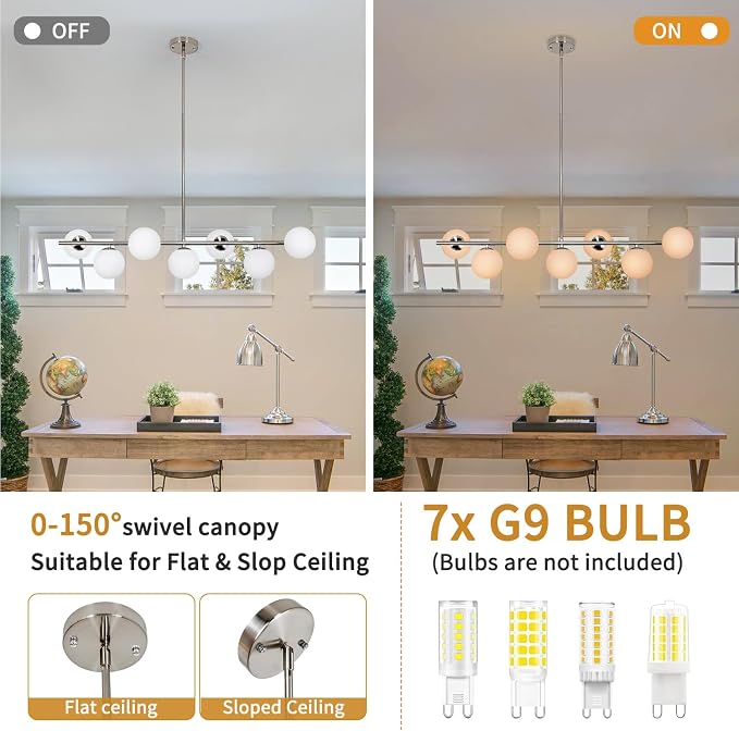 Brushed Nickel Mid Century Modern Chandelier, Linear Sputnik Bubble Pendant Light with Milk Glass Globes, Dimmable Dining Room Light Fixtures over Table for Kitchen Island Living Room Foyer Bedroom - Image 8