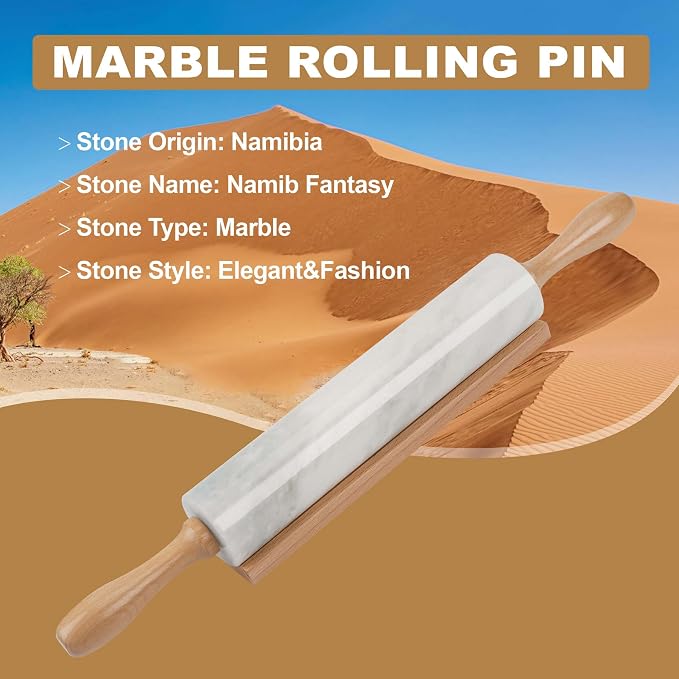 African Natural Marble Rolling Pin, Non-Stick Polished Dough Roller, Pasta, Dumpling, Fondant, Pie Crust, Bread, Pizza Dough, Kitchen Baking Pastry Tools with Mat/Scraper（Namib Fantasy） - Image 5