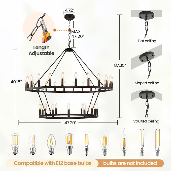 47 Inch Black Wagon Wheel Chandelier, 2 Tier 36-Lights Farmhouse Chandelier for Living Room, Round Rustic Dining Room Light Fixture, Extra Large Foyer Chandeliers for High Ceilings, for Entryway - Image 3