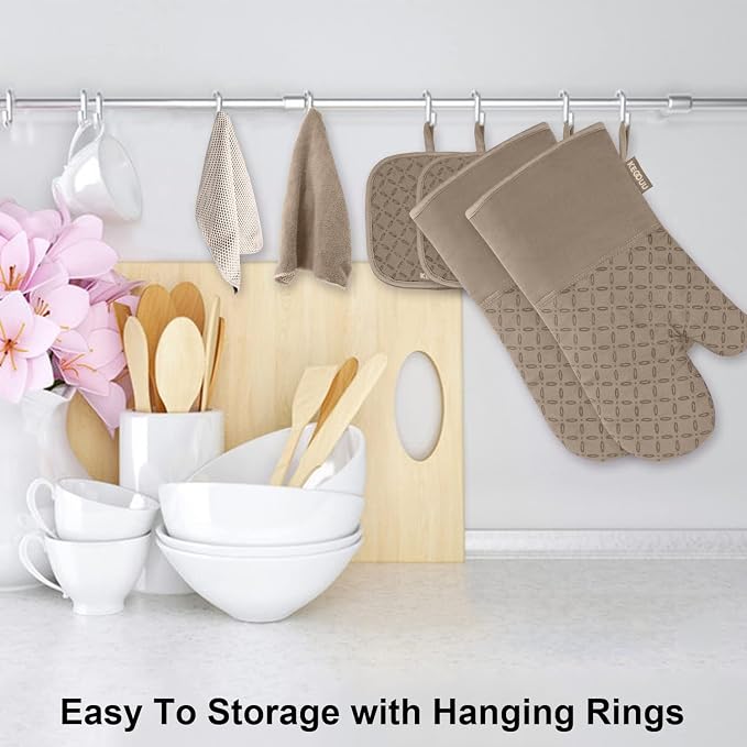 KEGOUU Oven Mitts and Pot Holders 6pcs Set, Kitchen Oven Glove High Heat Resistant 500 Degree Extra Long Oven Mitts and Potholder with Non-Slip Silicone Surface for Cooking (Khaki) - Image 3